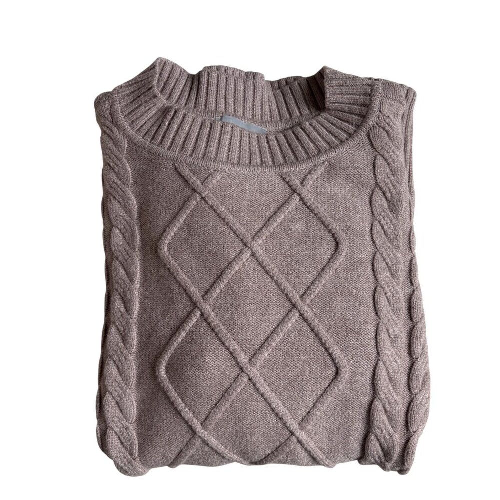 Raya Braided Cable Knit Crew Neck Sweater with Shoulder Wings (Beige) - Size XS